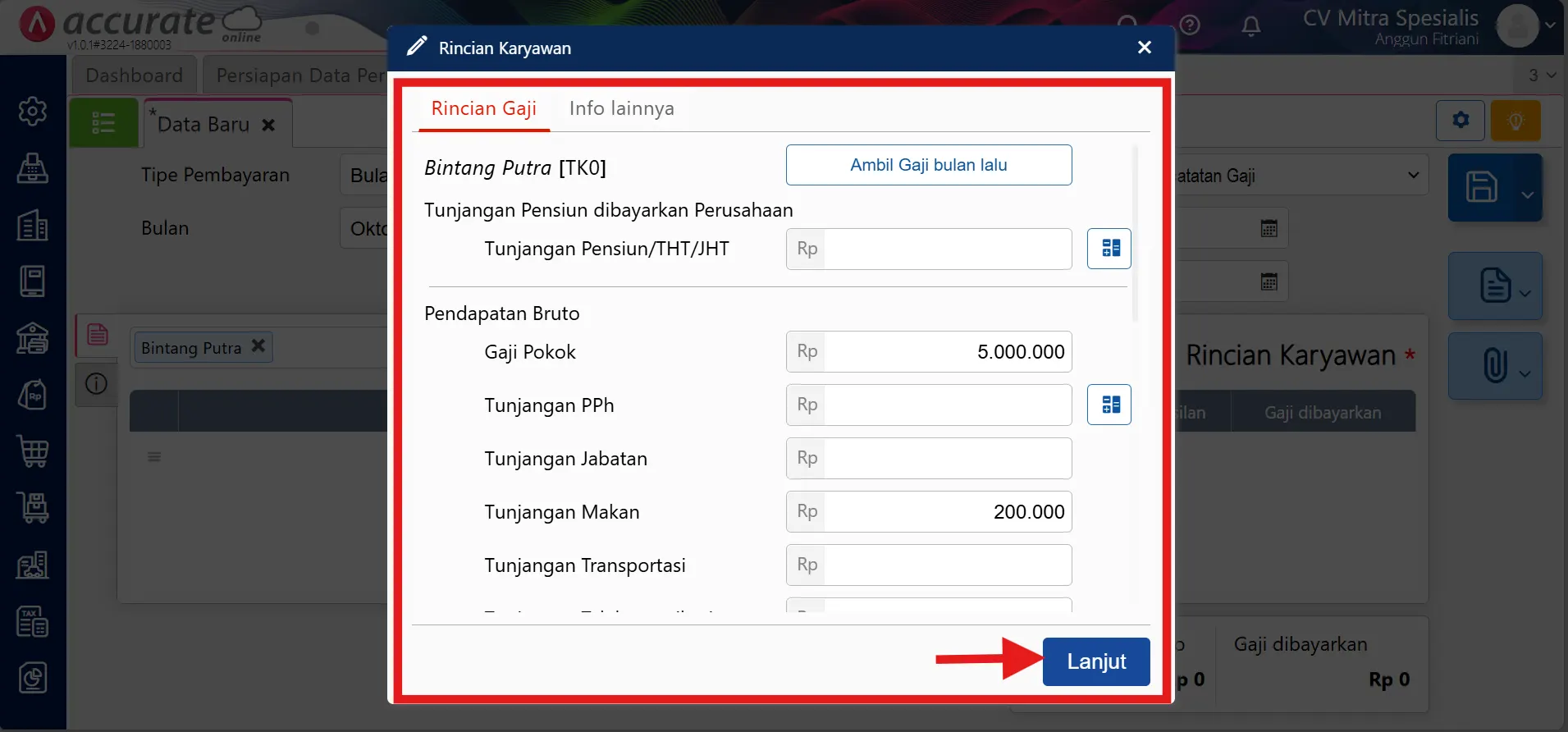 Cara mencatat beban gaji Accurate Online pada rincian gaji karyawan