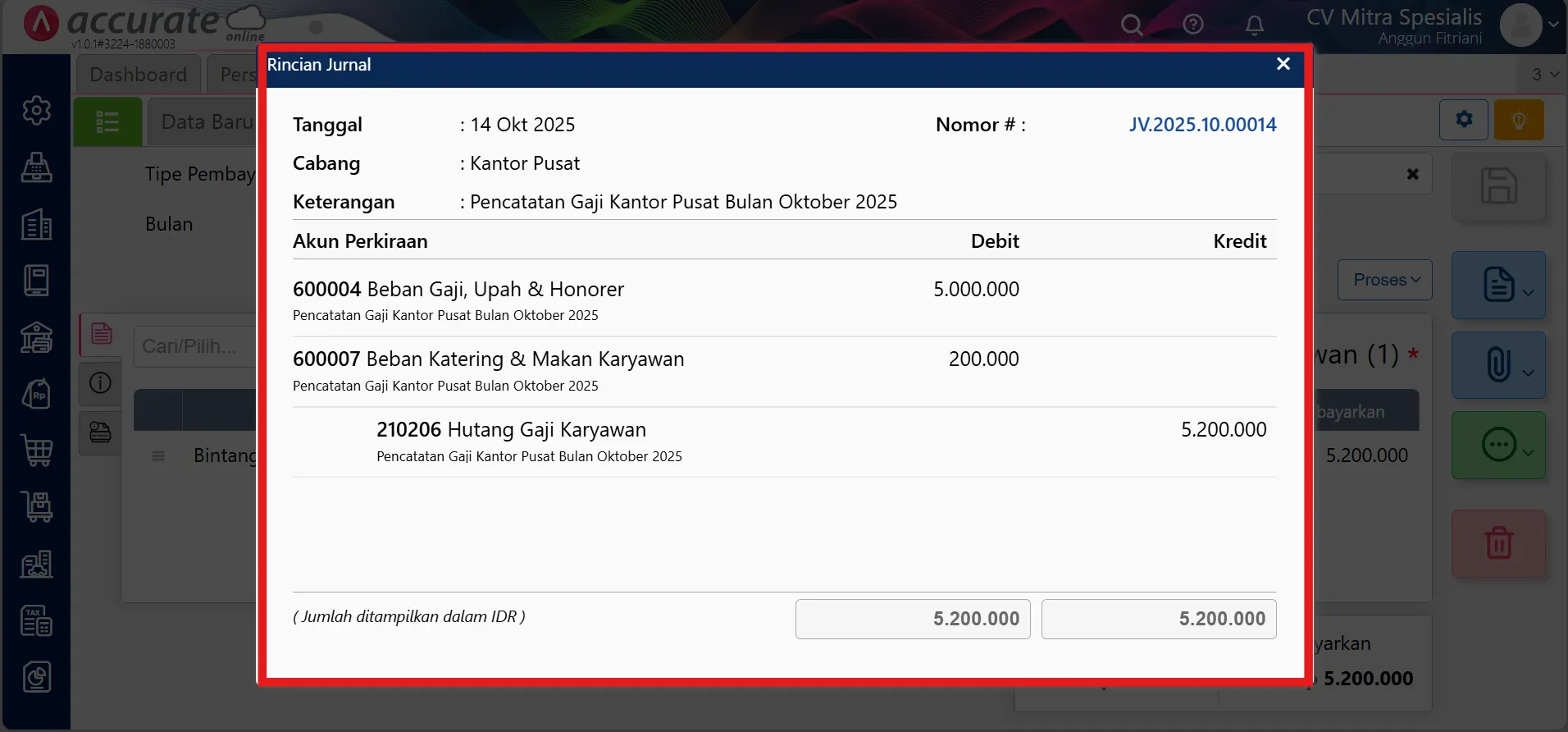 Jurnal otomatis hasil cara mencatat beban gaji Accurate Online