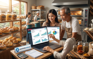 Seorang pengusaha sedang melakukan analisis terhadap performa usahanya lewat aplikasi Accurate Online