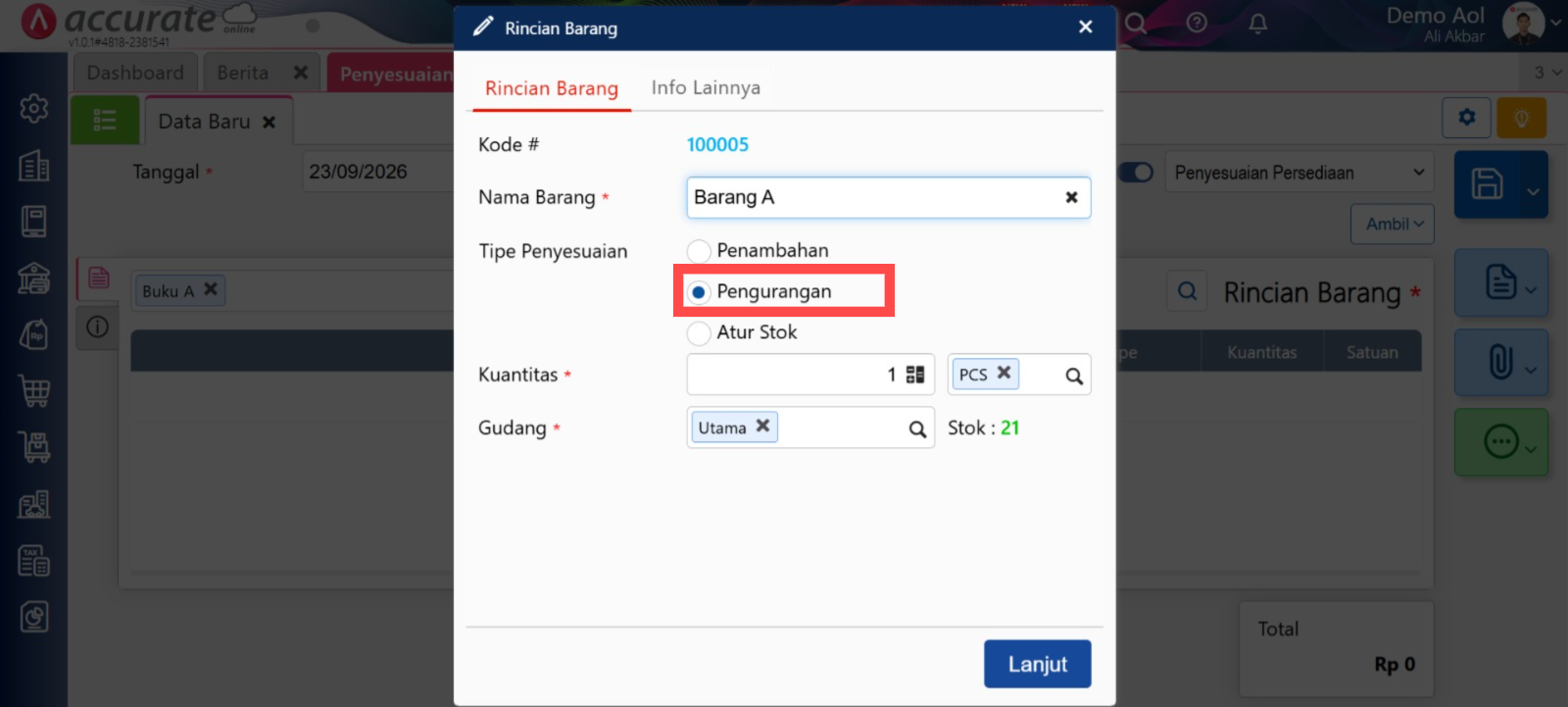 Penggunaan Persediaan Proyek / Accurate Online