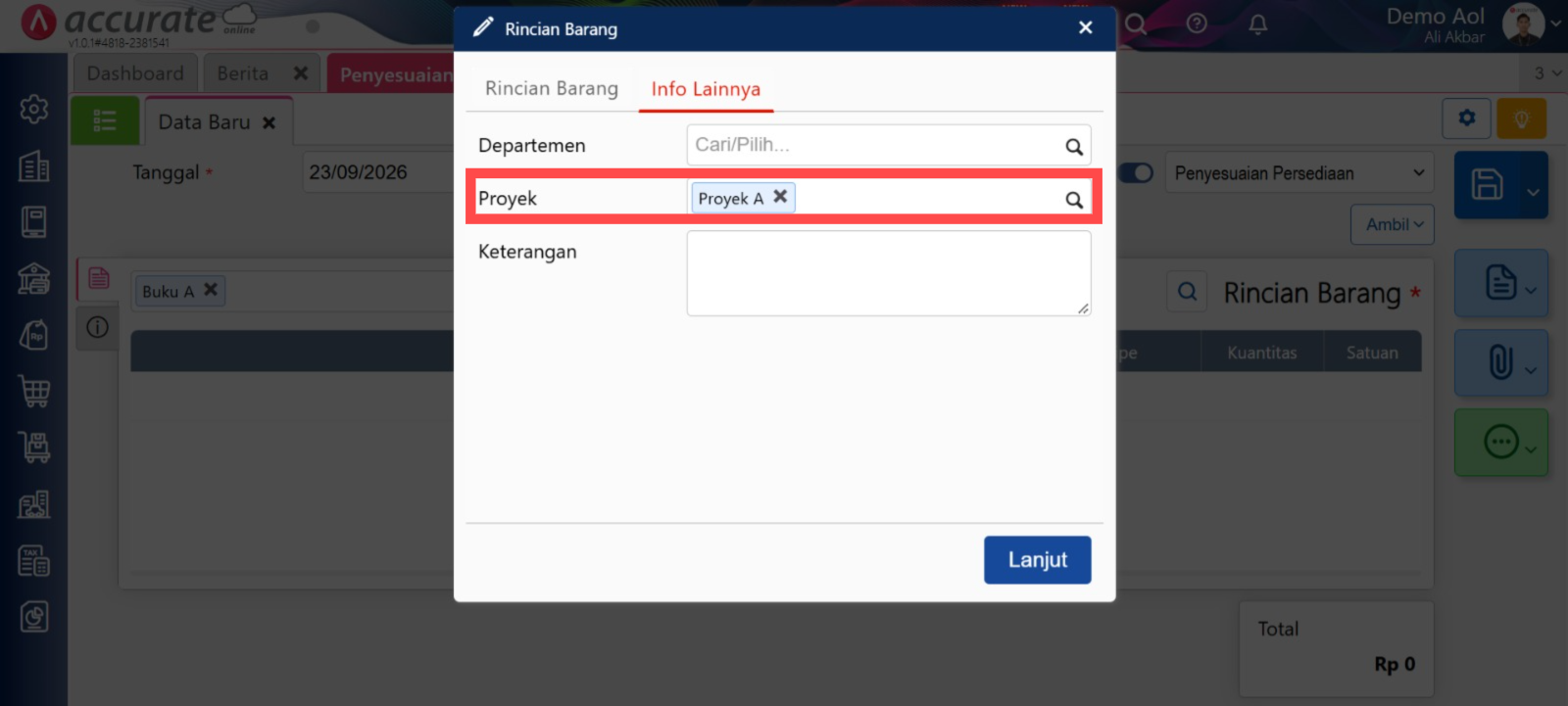 Penggunaan Persediaan Proyek / Accurate Online