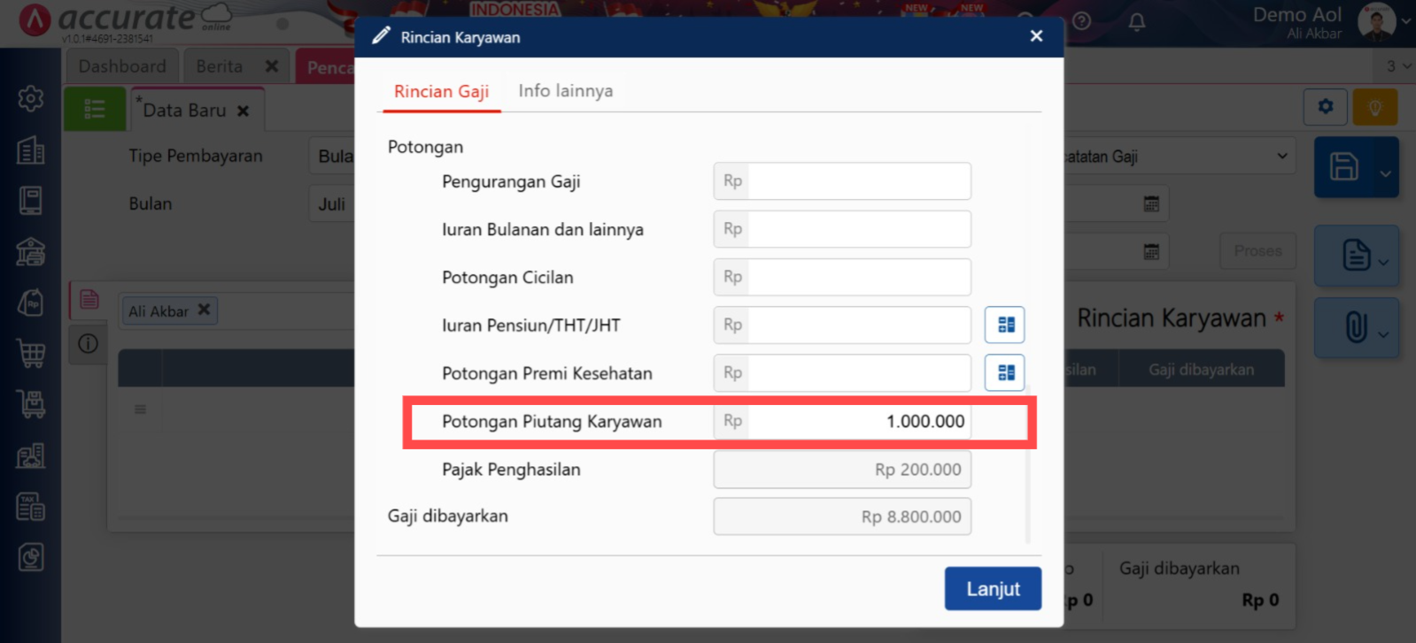 Mencatat Pembayaran Piutang Karyawan