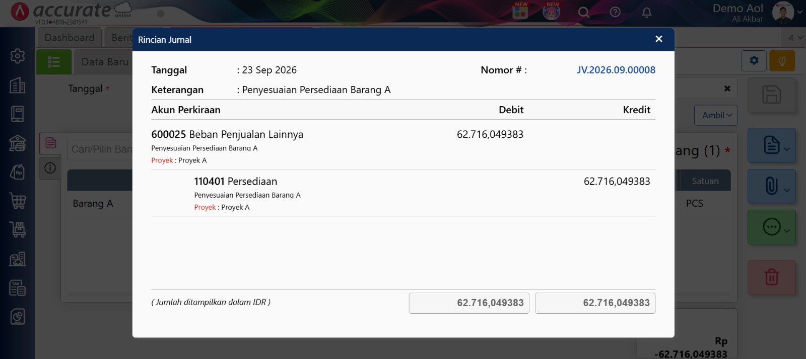Penggunaan Persediaan Proyek / Accurate Online