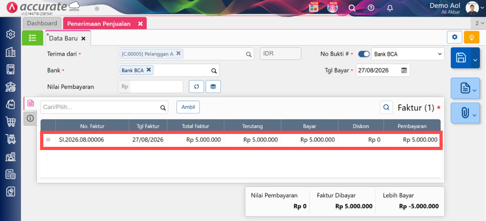 Baris Transaksi Pada Penerimaan Penjualan