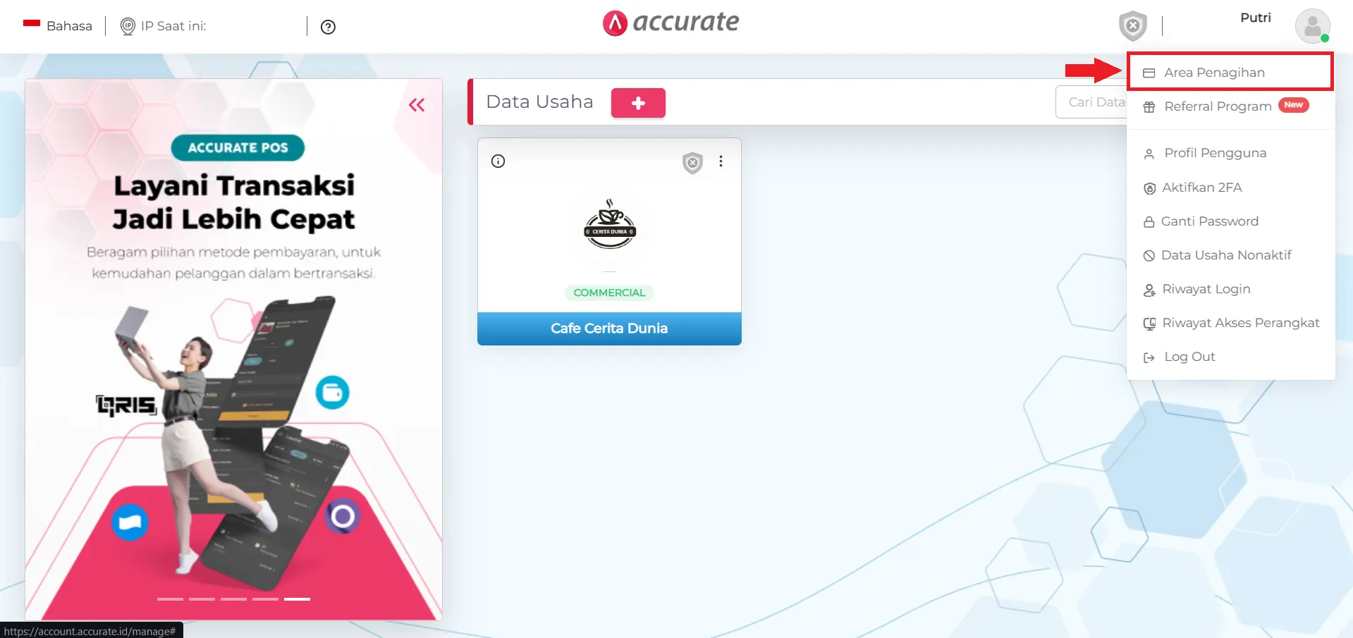 Halaman Area Penagihan Accurate Online