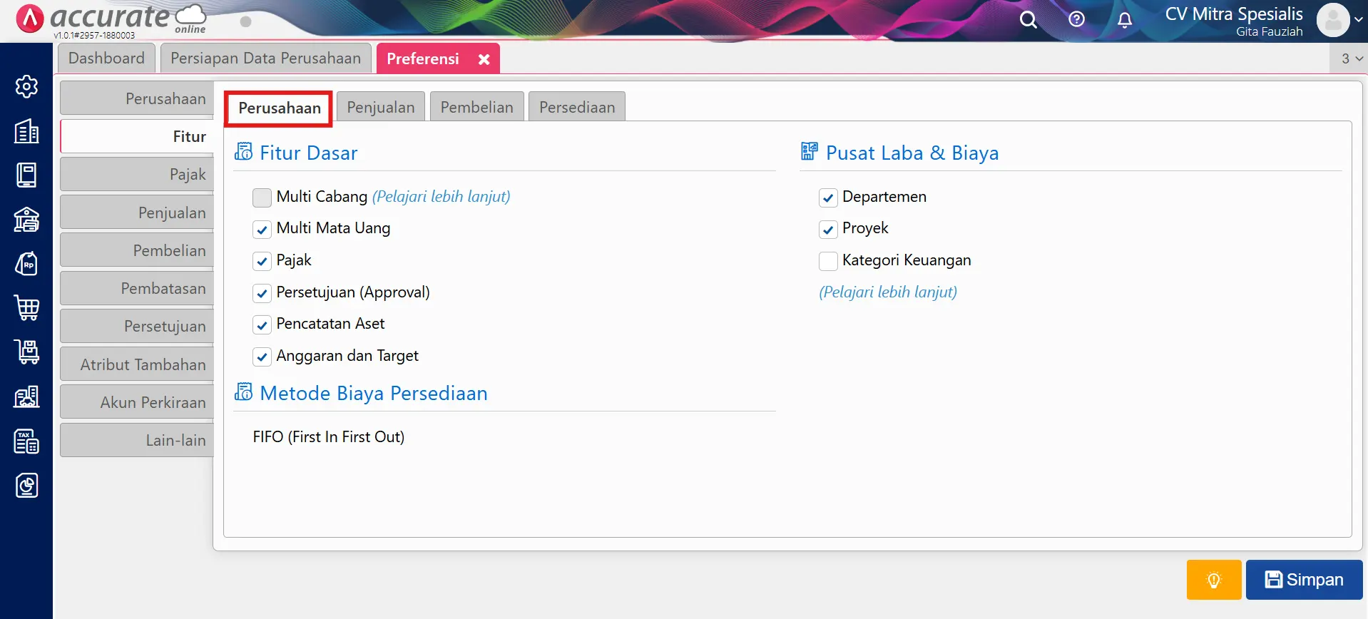 Penjelasan Fitur pada Menu Preferensi Accurate Online