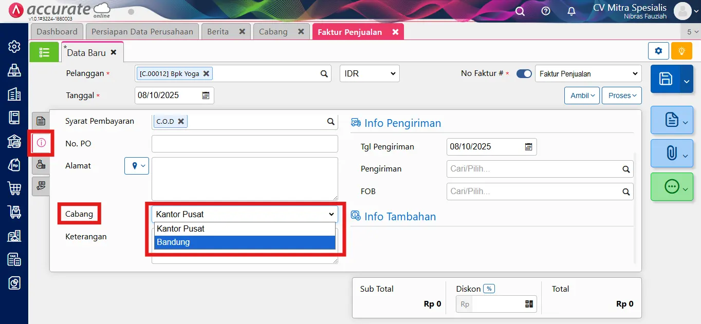 Menggunakan Fitur Cabang saat mencatat transaksi Accurate Online