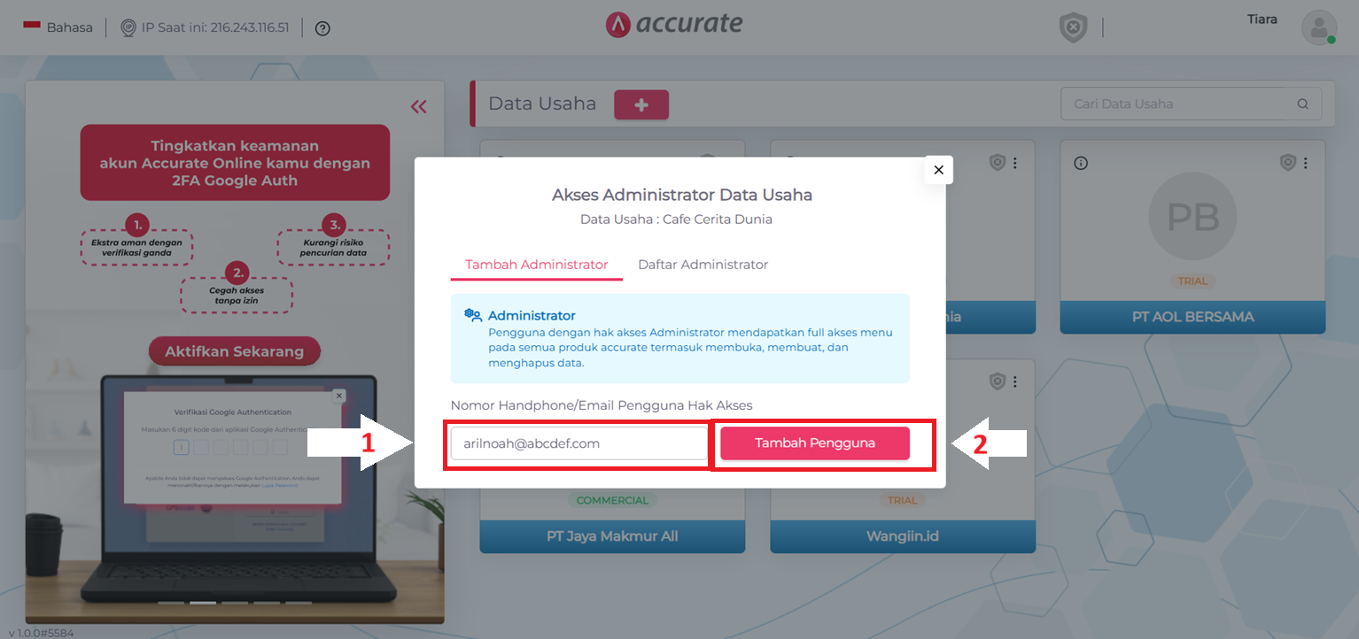 Administrator baru di Accurate Online