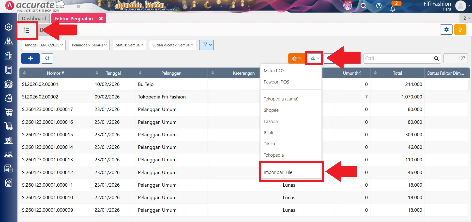 Akses menu impor faktur penjualan
